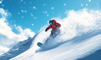 Snowboarder catching air off a snow-covered mountain slope, with a bright blue sky and powdery snow spraying behind them