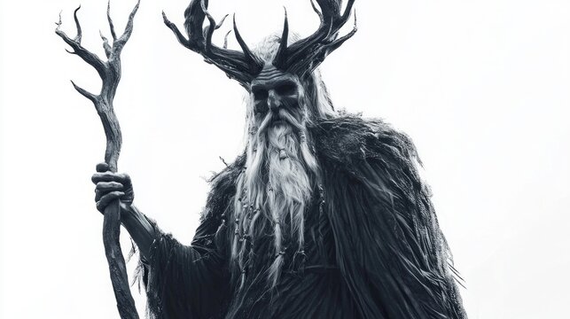 image displays Chernobog the Scandinavian god characterized by his majestic antlers and long beard holding a staff exuding an aura of power and mystery.