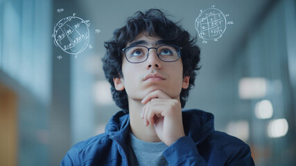 a college student thinking from the front, standing, with hand on chin looking up, dark hair, glasses, blue jacket and grey shirt, with calculations floating above his head