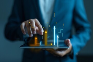 A businessman uses his tablet to help him cross the digital line with arrows pointing up and down, symbolizing an upward arrow in blue on one side and yellow arrows going upwards