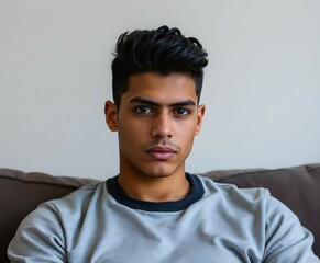Fototapeta premium Young Hispanic Man Sitting on Couch with Serious Expressio