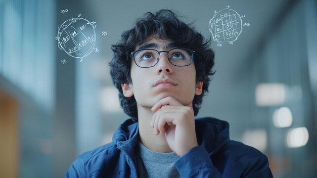 a college student thinking from the front, standing, with hand on chin looking up, dark hair, glasses, blue jacket and grey shirt, with calculations floating above his head
