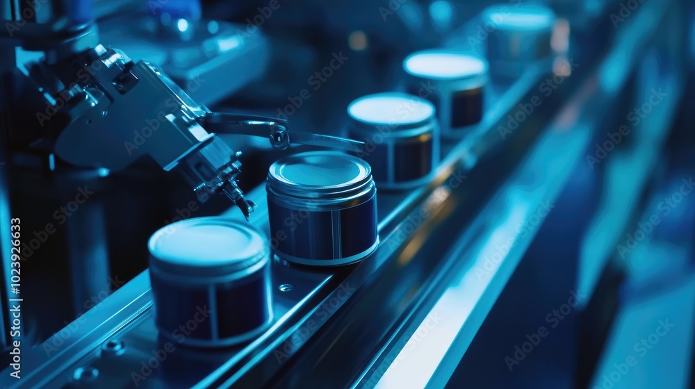Poster robotic arm handling cans in modern factory setting