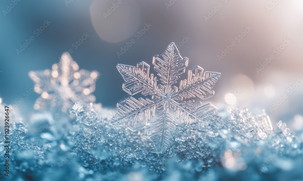 Poster snowflakes with hexagonal geometry, perfectly aligned on a frosty surface, each flake a masterpiece 