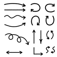 Set of arrows, pointers, handwritten of different shapes, black intermittent with high noise level, on white transparent isolated background