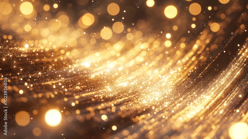 Poster abstract background with glittering golden particles and bokeh lights.