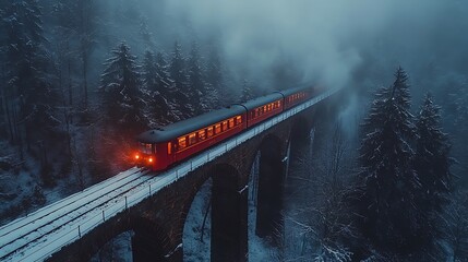 Fototapeta premium Red train on a bridge through a snowy forest.