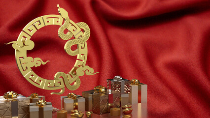 The gold snake and gift box for Chinese new year concept 3d rendering.