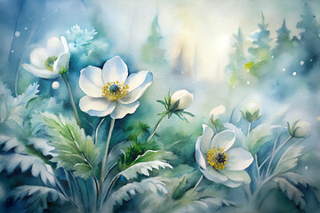 Delicate white flowers blooming in a misty forest landscape during winter