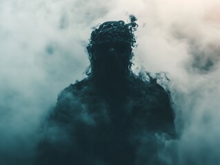 A mysterious figure emerges from swirling smoke, creating an eerie and captivating atmosphere as dusk settles, blending shadows and vapor seamlessly.