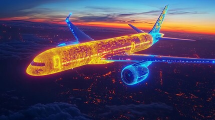 Naklejka premium International Civil Aviation Day Glowing airplanes on a digital flight map, neon blue and orange light symbolizing international travel, no face, vector art, high resolution