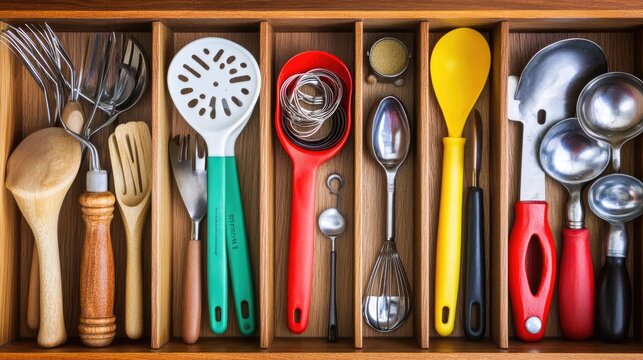 Colorful Kitchen Utensils in a Wooden Drawer