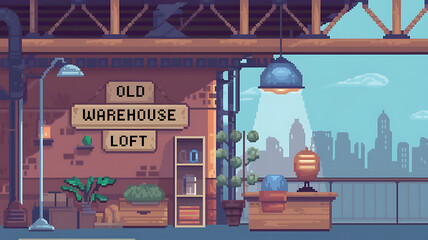 Pixel art style loft interior with brick walls, wooden furniture, and a city skyline view. 
A modern urban living space with a vintage feel. 
