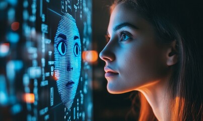 A woman is looking at a computer screen with a blue face on it