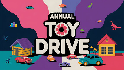 Naklejka premium Colorful Toy Drive Banner with Houses and Cars for Charity Event. 