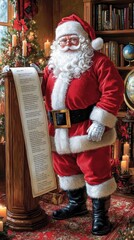 Classic Santa Claus in Festive Living Room with Naughty or Nice List in Hand by Christmas Tree, Perfect for Holiday Mood and Decor