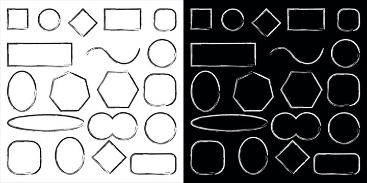 Rough Hand drawn brush frames in different shapes. Rough photo frames outline. Vector illustration isolated on white and black background.