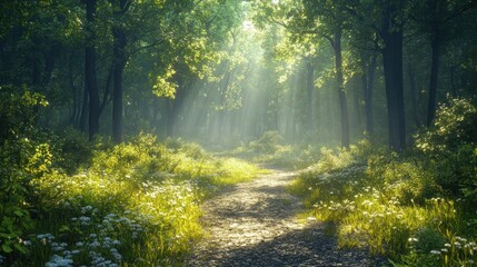 A serene forest path illuminated by sunlight, showcasing nature's beauty and tranquility.