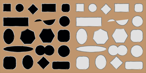 Comparisan of light and dark Rough Hand drawn brush frames in different shapes. Rough photo frames outline. Vector illustration isolated on brown background.