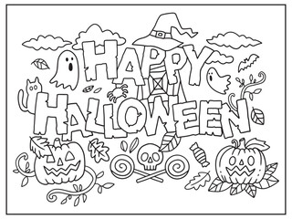 Happy Halloween greeting. Halloween coloring page, coloring book, poster, sign or banner.