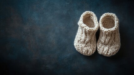 Crocheted baby booties on dark backdrop with blank space for text knitted wool footwear for infants