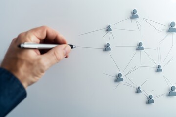 A hand holding a pen draws a network of people on a white background, in the style of a social media marketing concept for digital online technology and community
