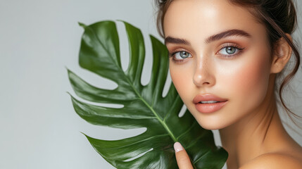 Naklejka premium A woman is holding a leaf in front of her face. She has a natural, fresh look to her