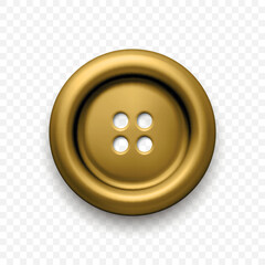 Yellow Metal Clothes Button with Four Holes, Isolated. Gold Round Button Closeup, Front View. Design Template for Sewing, Fashion, Clothing Concept. Detailed Button Illustration for Craft Projects