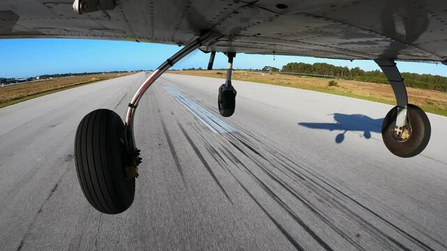 Light three wheels airplane doing a very low level flight just above the runway and then gaining altitude very quicklyView from the bottom of aircraft.