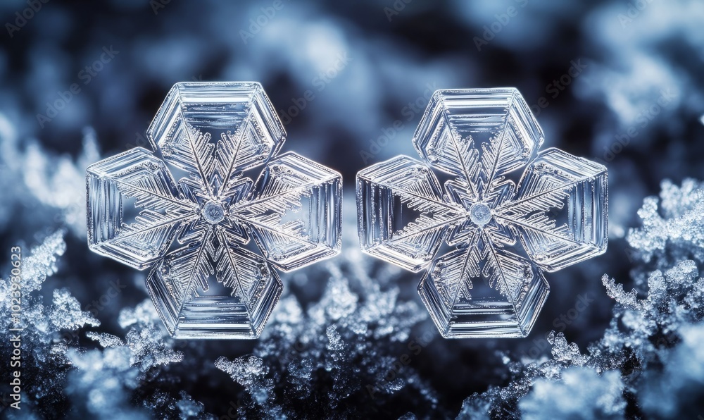 Aufkleber snowflakes with hexagonal geometry, perfectly aligned on a frosty surface, each flake a masterpiece 