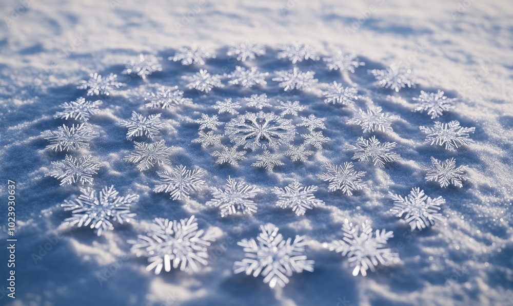 Poster snowflakes arranged in a perfect spiral on a snowy field, each flake contributing to a larger geomet