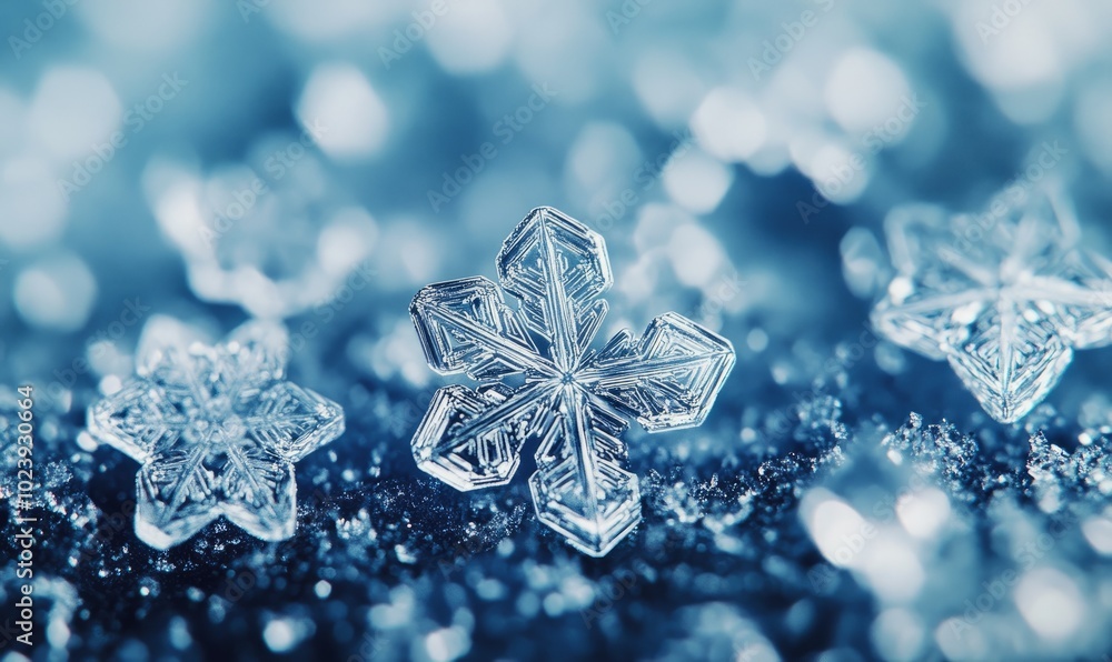 Aufkleber snowflakes with hexagonal geometry, perfectly aligned on a frosty surface, each flake a masterpiece 