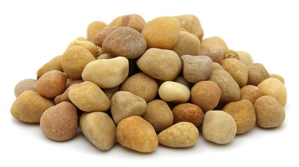 A pile of smooth, tan, rounded river rocks isolated on a white background.