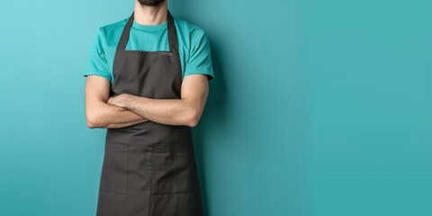 A man in an apron stands against the background of a blue wall, wearing dark gray and a black modern solid color kitchen uniform with pockets for aprons on his chest