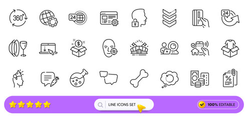 Video conference, Web settings and Dog bone line icons for web app. Pack of Post package, Clothing, Brand ambassador pictogram icons. Globe, Dish plate, Sports arena signs. Search bar. Vector