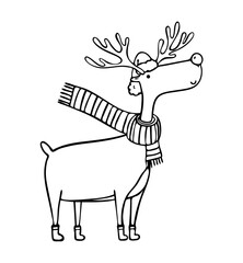 Vector line doodle Christmas reindeer in a red hat and scarf isolated on white background