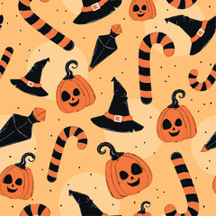 Halloween pattern with pumpkins, witch hats, and candy canes Vector