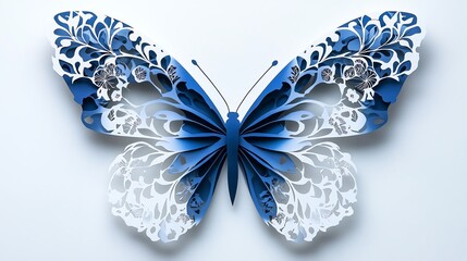 Fototapeta premium Symmetrical paper cut butterfly with mirrorimage wings and delicate detailing, paper cut butterfly, symmetrical nature art