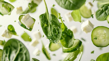 Obraz premium Fresh spinach, cucumber, and feta cheese salad ingredients floating in mid-air 