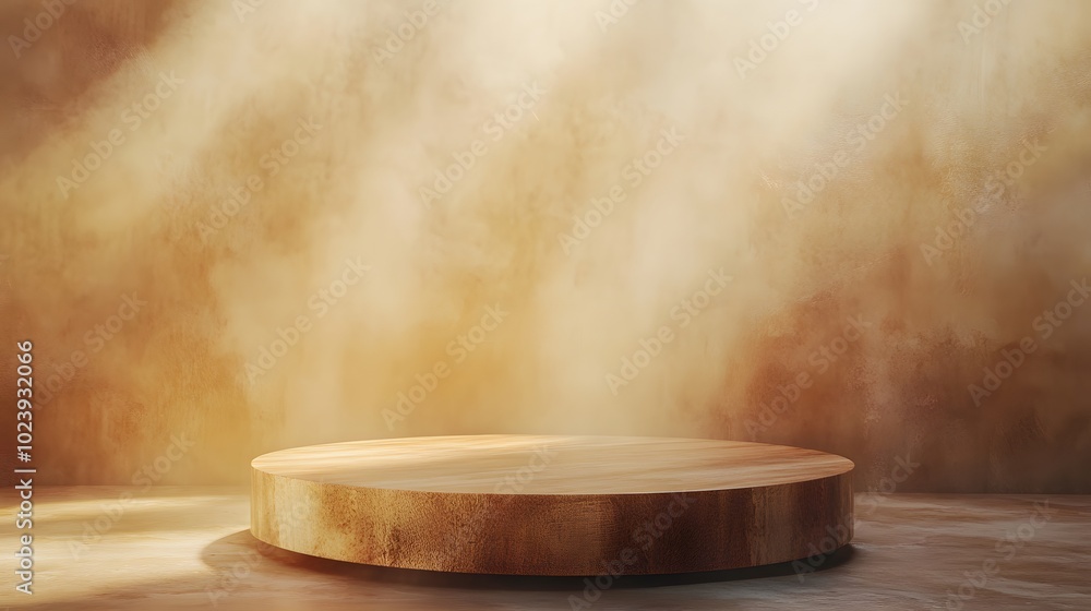 Poster 4. a visually stunning image of a round wooden podium set against a backdrop of soft backlighting an