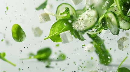Obraz premium Spinach, cucumber, and feta cheese salad ingredients floating in mid-air 