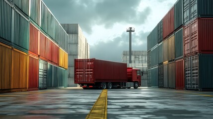 Fototapeta premium Red semi-trailer truck between stacks of shipping containers in a shipyard, ready for loading or unloading.