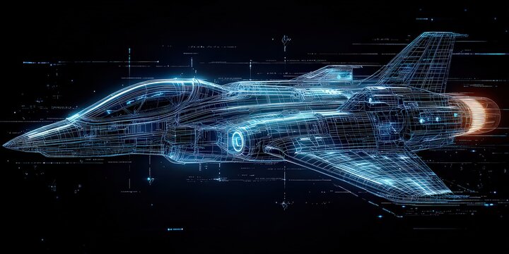  glowing wireframe model of a futuristic spaceship with sharp lines tracing its angular body and large thrusters, creating a cutting-edge digital design for virtual visualization