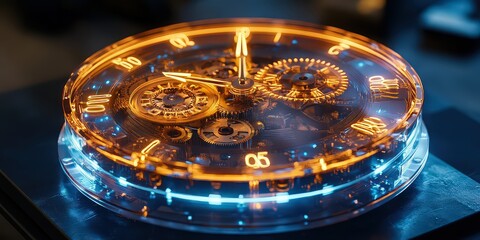  holographic virtual clock with floating transparent gears, hands, offering futuristic timekeeping experience in digital 3D environment with glowing elements
