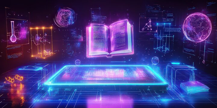  glowing, translucent classroom desk with floating holographic book and digital study materials above it, representing futuristic virtual education environment
