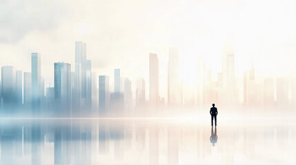 Fototapeta premium Businessman Silhouette in Foggy Cityscape with Reflection