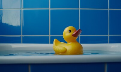 A yellow rubber duckling in a bathtub with blue tiles