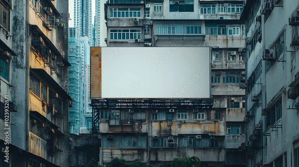 Poster 5. a striking composition featuring an empty billboard on a building, providing a blank canvas for a