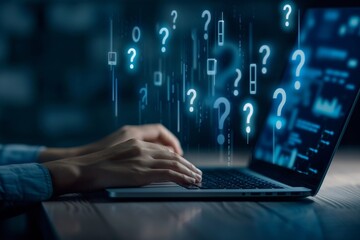 A person typing on their computer with glowing question marks floating above the keyboard, indicating that they have questions about something
