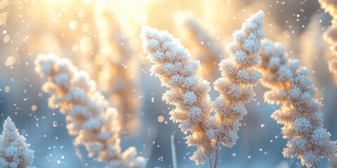 Frosted grasses, dry seedheads against bright sunlight. Cold winter day and light snowfall.